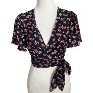 Forever 21 Floral Strawberry Chiffon Wrap V Neck Crop Top